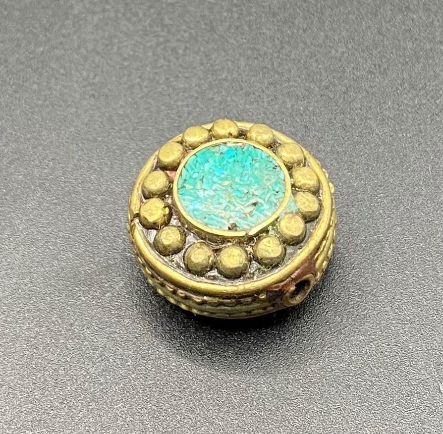 Nepali Tibetan Handmade Turquoise Brass Bead 20x12mm 10g | Round Inlay Ethnic Bead for Jewelry Making | Boho Tribal Loose Bead | Healing Craft Supply (50)