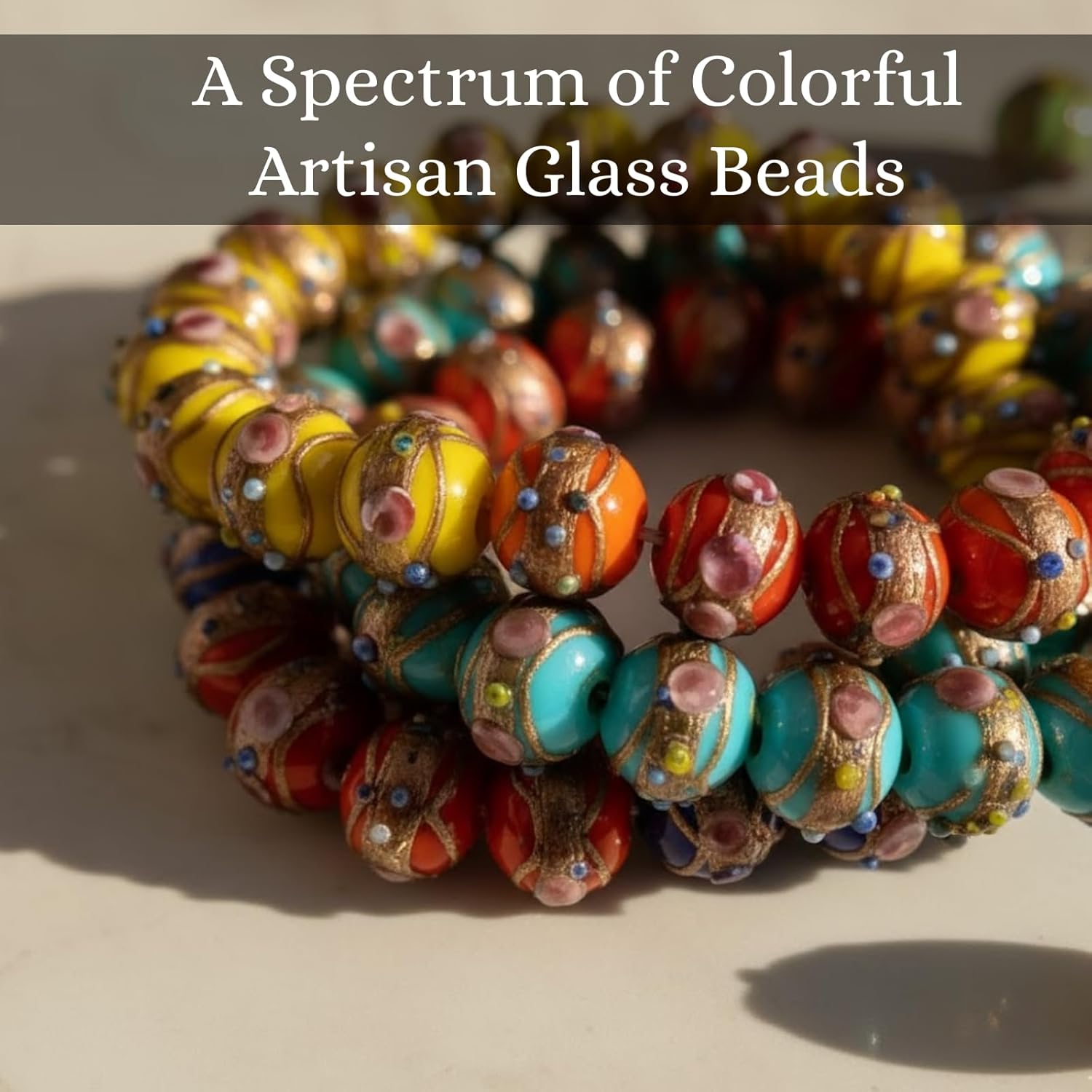 Handcrafted 12mm Multicolor Round Glass Beads | Decorative Beads with Gold Accents | Available in 20 Strands | Ideal for Jewelry Making, DIY Crafts & Accessories