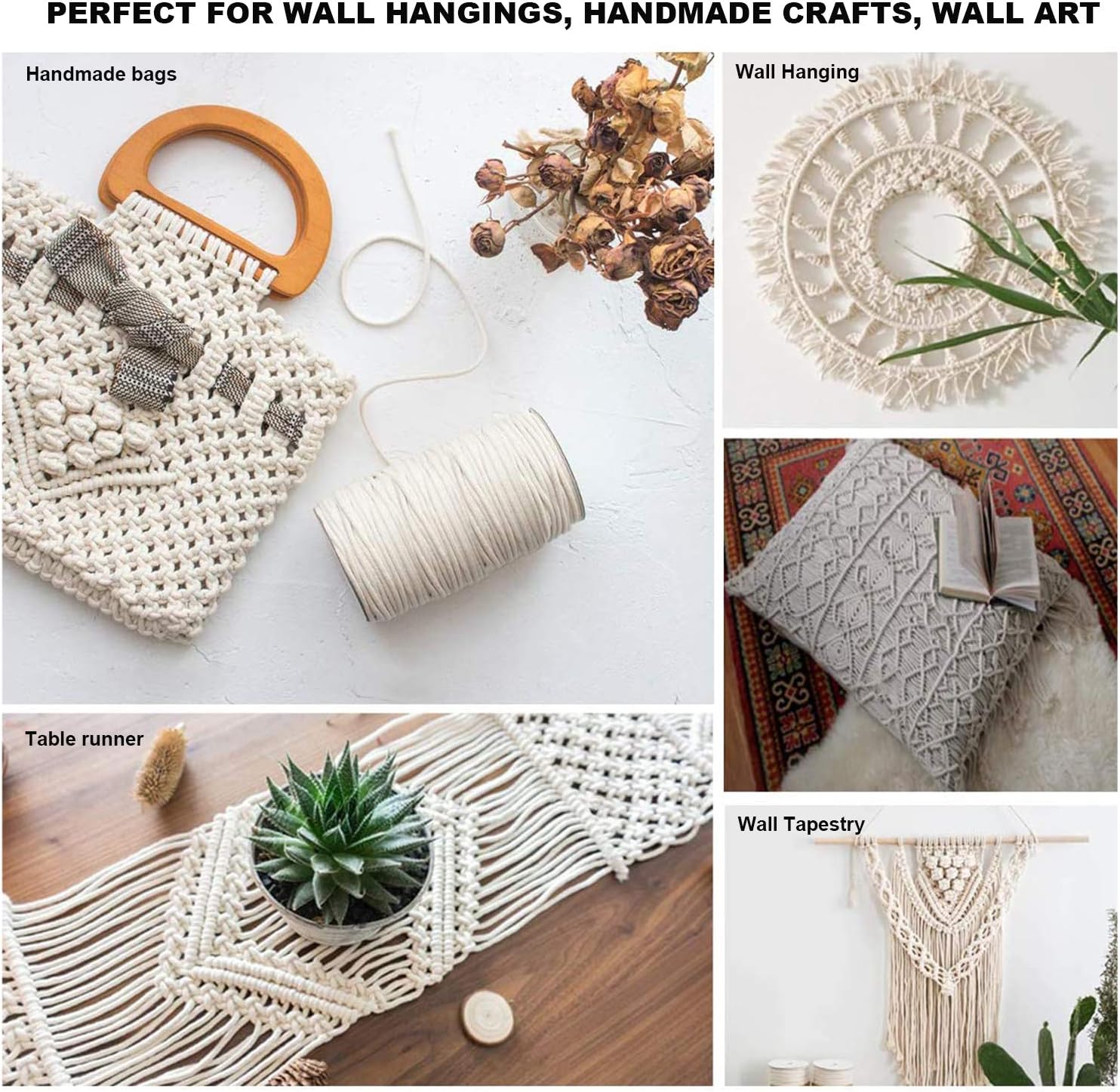 Cotton String Ball, Elastic Cord, Thread Beading String,Macrame Cord 3mm 500m 800m 100m,DIY Cotton Rope Natural,Macrame Rope for Wall Hanging Plant,Crafts Knitting,Handmake Tapestry Decorative 800m (