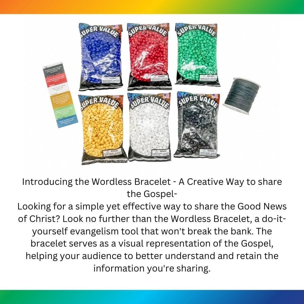 Wordless Bracelet and Bookmark Teaching Kit- Black, White, Red, Green, Yellow, and Blue Plastic Beads-6 Packs- 9mm- Opaque- 900 Count Each Color- 100 Yards Cotton Thread Cord and 200 Bookmarks