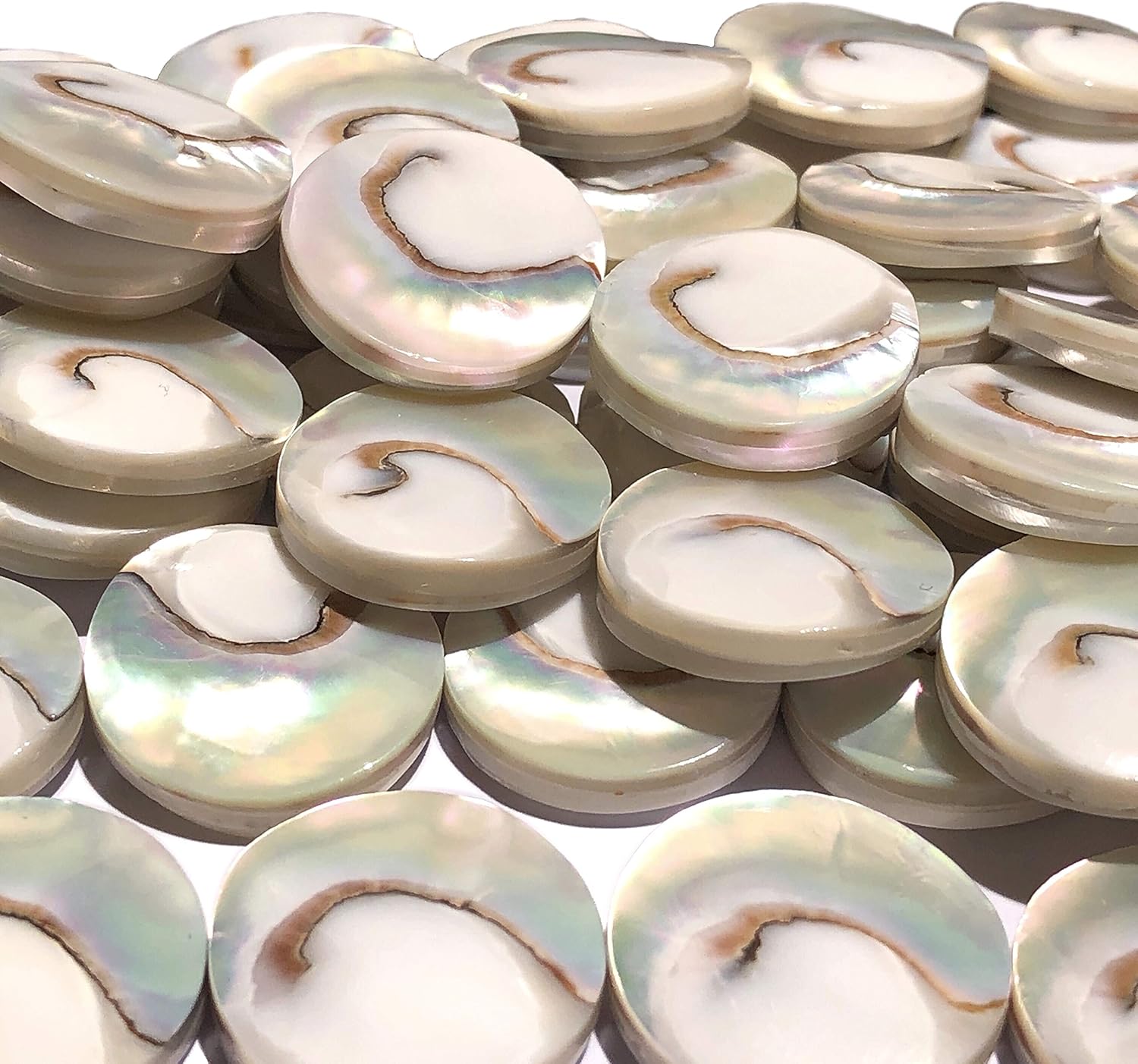 ABCGEMS Metallic-Silver Mermaid-Nautilus Beads with Iridescent Flash (Each Piece Produces Only One Bead from Its Center) Thick Nacre - Core Spiral Cut - Gigantic 30mm Coin (Full Strand - 14 Beads)