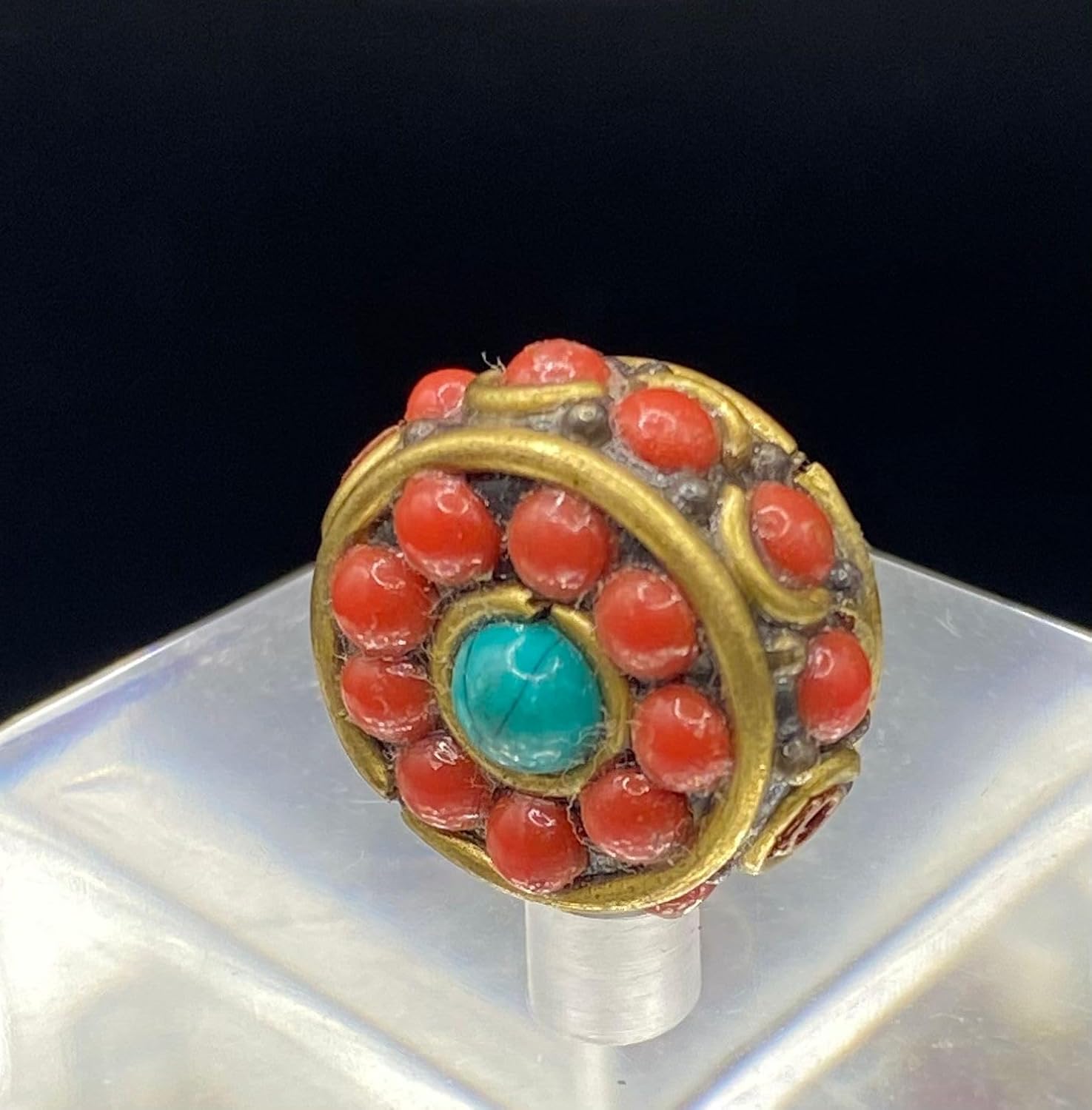 Old Antique 16x10mm Nepalese Tibetan Bead with Coral and Turquoise Inlay – 4.61g Handmade Brass Vintage Bead for Jewelry Making, Boho Crafts, Healing & Meditation Accessories (50)
