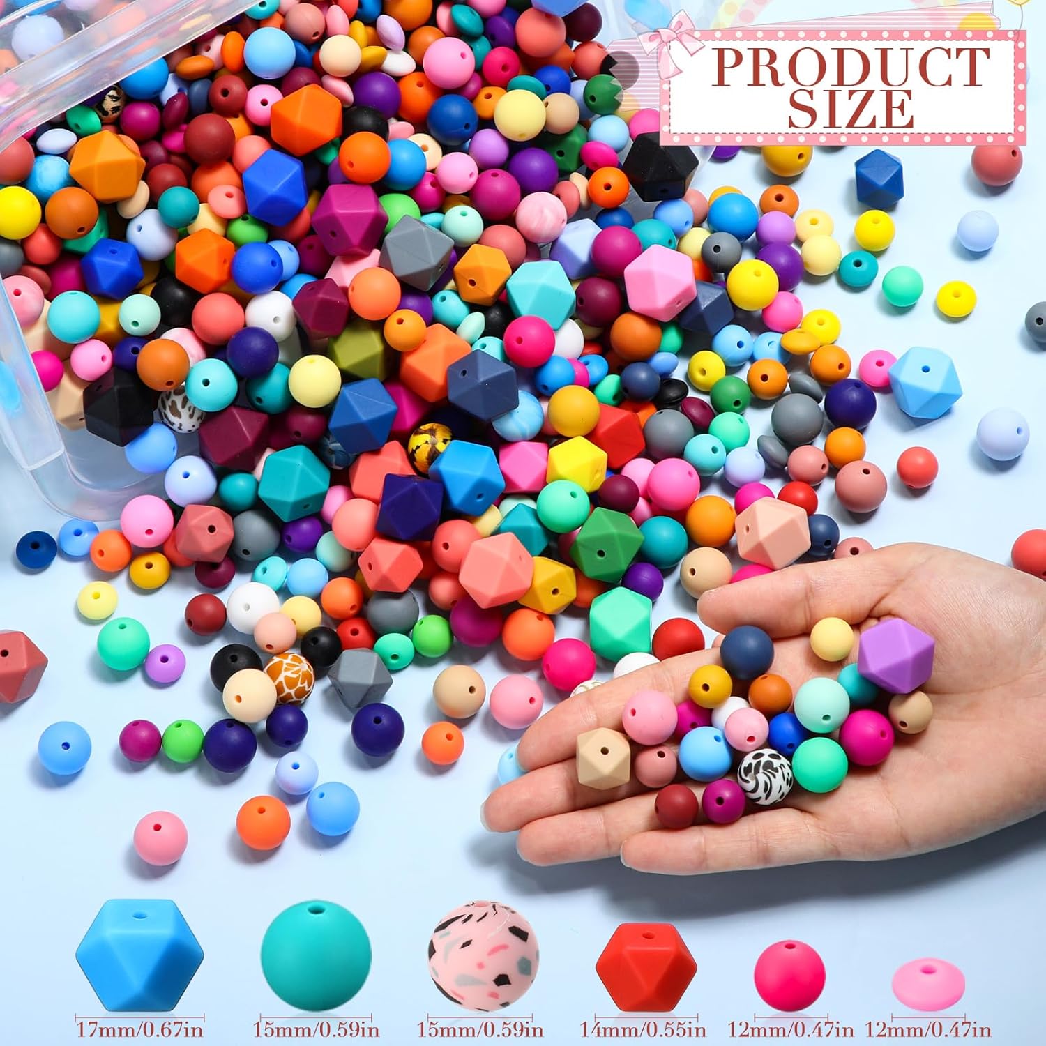 Hotop 1176 Pcs Silicone Beads for Keychain Making Kit, 12mm15mm Round 14mm17mm Polygonal Silicone Rubber Beads for Keychain DIY Necklace Bracelet Jewelry Making Supplies