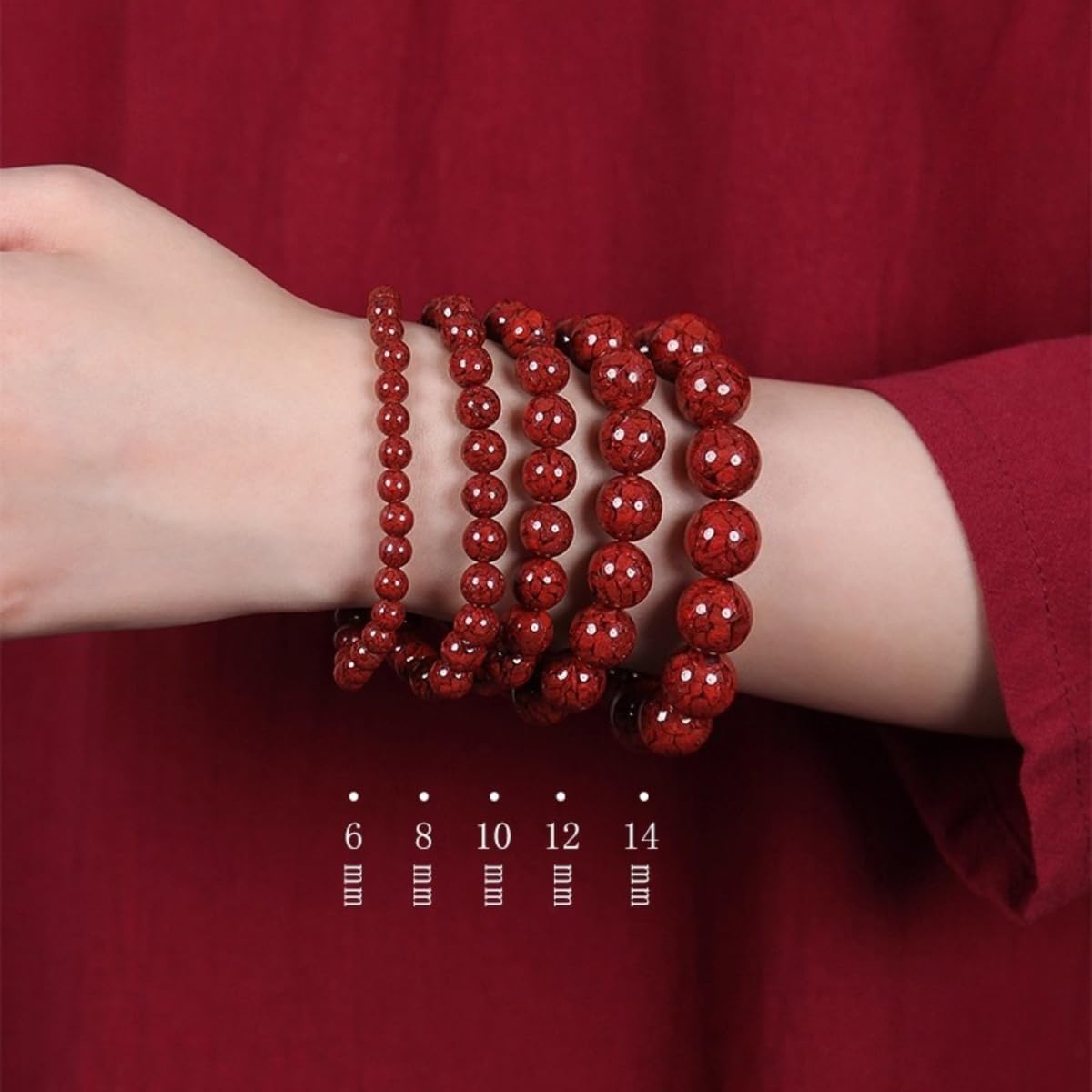 Natural Red Cinnabar Crystal Beaded Bracelet, Traditional Chinese Style Prayer Mala Beads, 6-14mm Graduated Size, Polished Round Shape