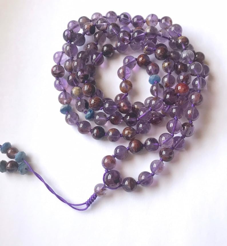 Natural Amethyst Cacoxenite,Kyanite 8mm-12mm 108 Mala Beads, Spiritual, Meditation Beads, Reiki, Japa Mala, Buddhist Prayer Beads, Yoga Bracelet, healing beads LKMALA-RRGU-1031