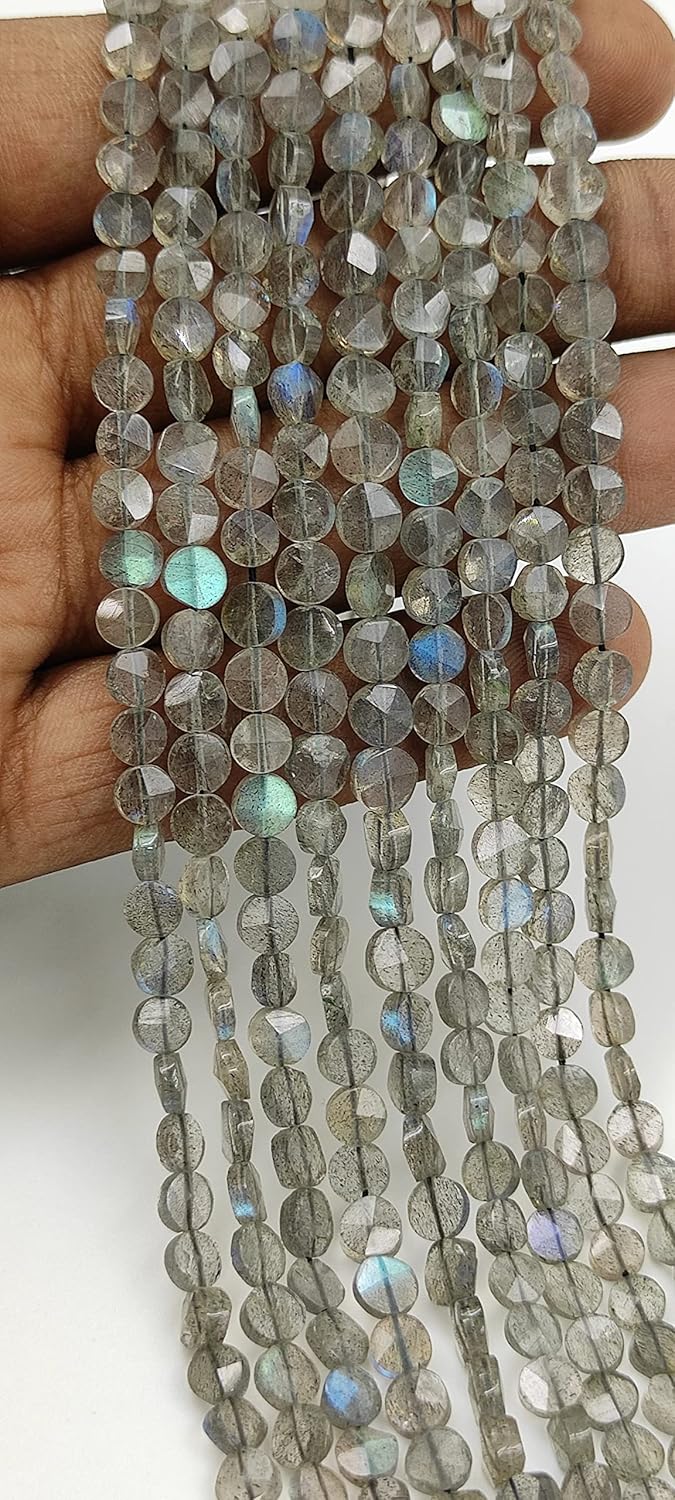 Hanumat Gems Lot of 10 Strands Natural Black Labradorite Faceted Coin Shape Gemstone Beads,Labradorite Coin Beads,Labradorite Faceted Beads,4-5 MM Coin Beads,13 Inches Strand.