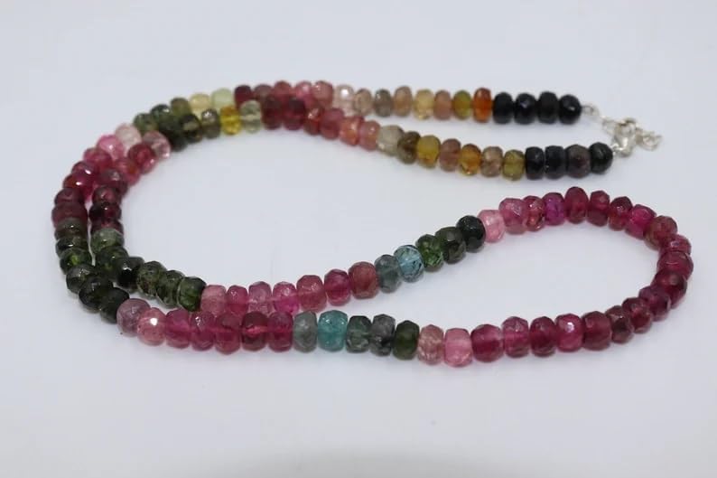 Natural Multi Tourmaline Faceted Rondelle Beads 6.5mm Neckalce with Sterling Silver 925 Clasp Gift for Her for Making Jwelery