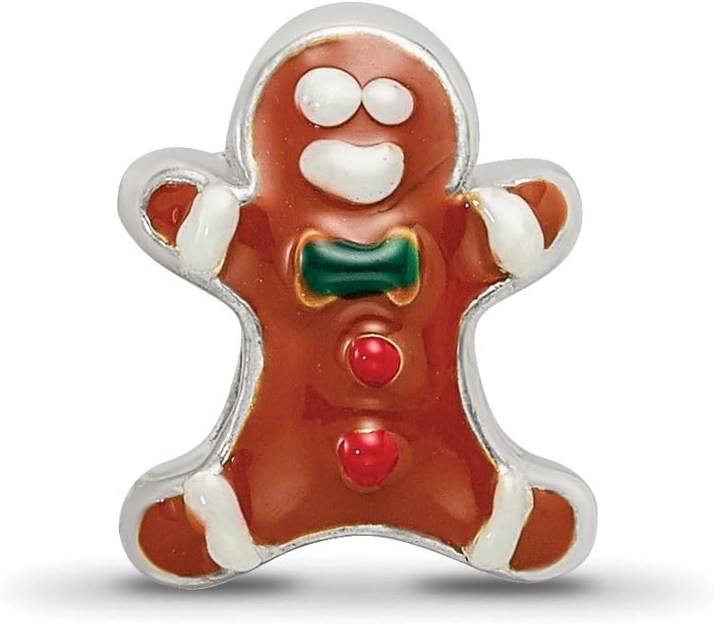 Solid 925 Sterling Silver Reflections Enameled Gingerbread Man Bead (9.1mm x 10.9mm)