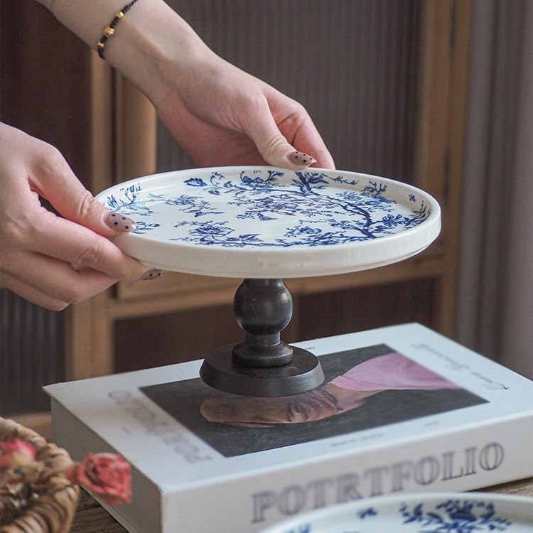 Tray Chinese Retro Blue and White Wooden High-Foot Tray Aromatherapy Refreshments Fruit Storage Tray Home Decoration Storage Tray Serving Trays(Black)