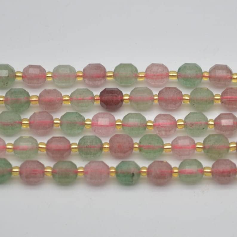 13 inch Strand of Natural gem Green & Strawberry Quartz, 7x8mm rondelle Faceted Beads for DIY Jewelry Making. | Beads_03991