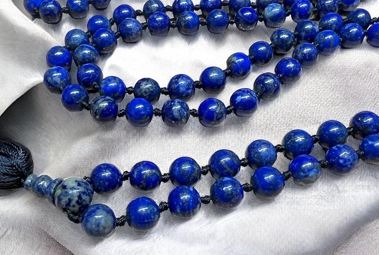 Hand Knotted 8mm Lapis Lazuli Mala Beads Necklace, Third Eye & Throat Chakra Healing, Intuition & Communication, Natural Undyed