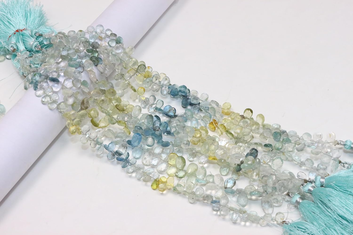 Natural Aquamarine Faceted Pear Beads, Multi-Color Blue and Yellow, Semi-Precious Gemstone Strand, 4-8mm, 8 Inch Length