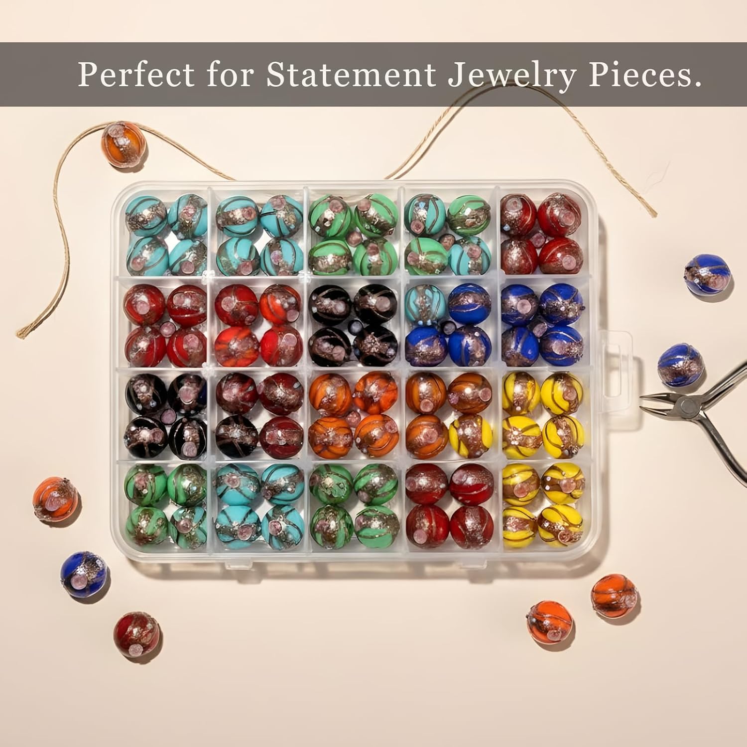 Handcrafted Multicolor Lampwork Glass Beads | Round Beads with Floral & Glitter Designs | Available in 50 Strands | Artistic Assorted for Jewelry Making, DIY Crafts.