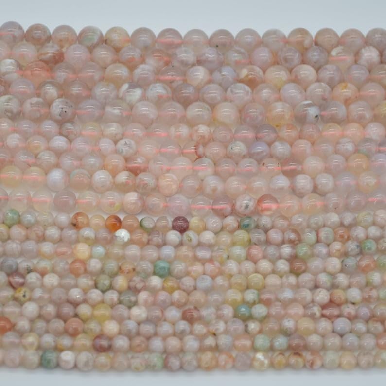 13 inch Strand of Natural gem Pink Flower Agate, 10mm Round Smooth Beads for DIY Jewelry Making. | Beads_06275