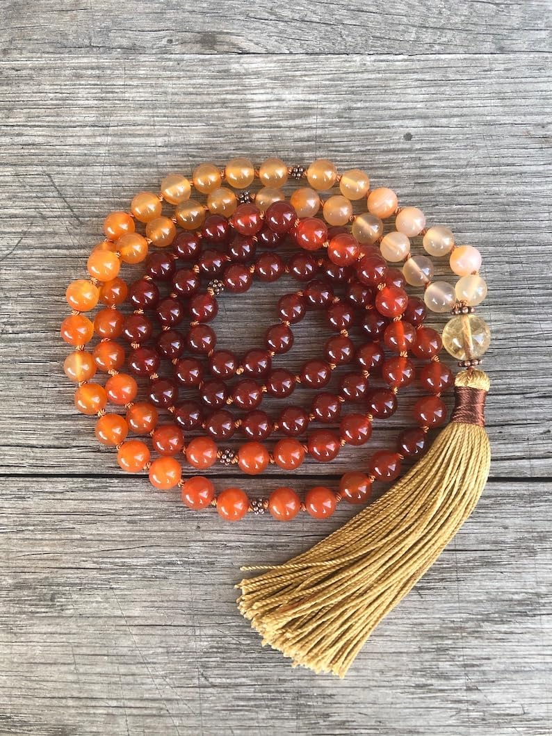 Natural Carnelian and Citrine 8mm 108 Mala Beads, Spiritual, Meditation Beads, Reiki, Japa Mala, Buddhist Prayer Beads, Yoga Bracelet, healing beads LKMALA-RRGU-3843, 34 inch