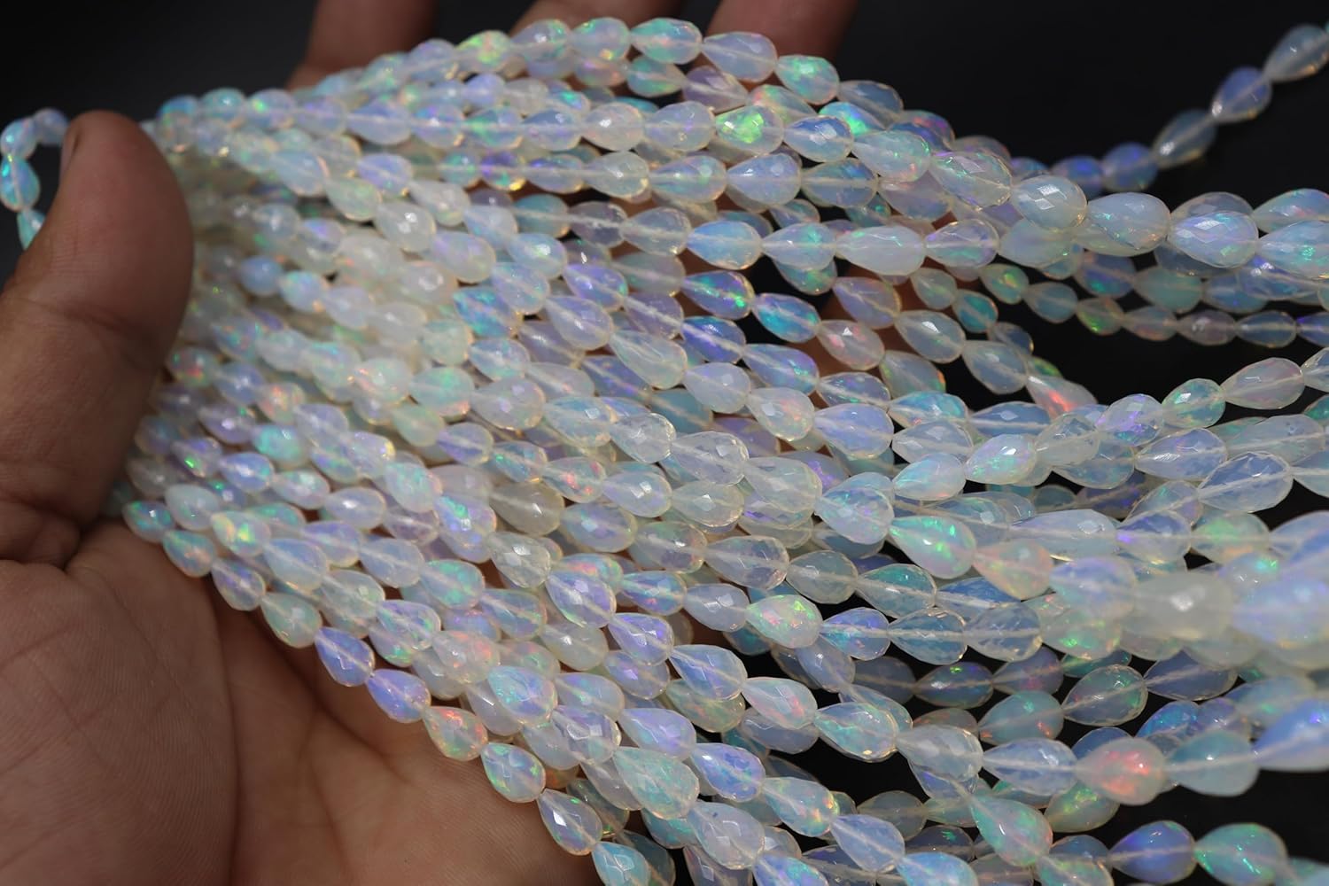 AAA Ethiopian Opal Faceted Teardrop Beads, Natural Iridescent Briolette Cut, 7-9mm, Straight Drill for Jewelry Making