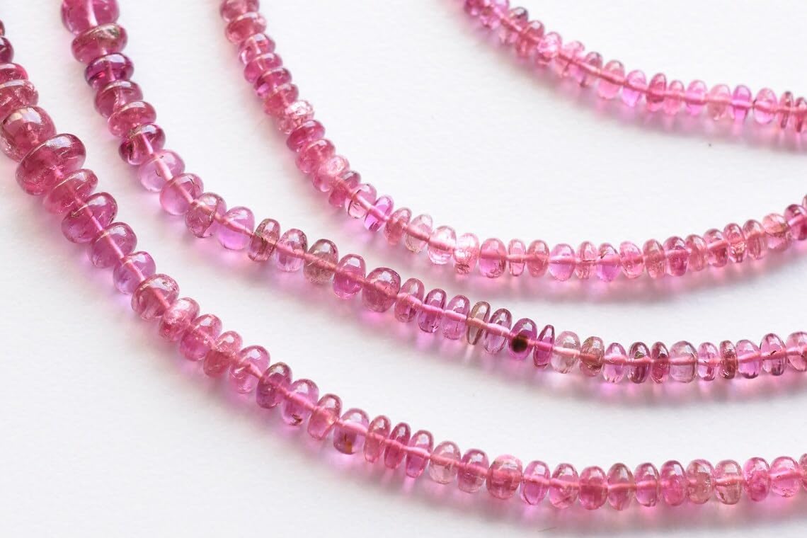 Kashish Gems & Jewels 3 Strands Bunch Rubellite Tourmaline Smooth Rondelle Beads Natural Gemstone Plain Center Drill Beads Line | Rubellite Beads | 5x5 to 3x1.5mm