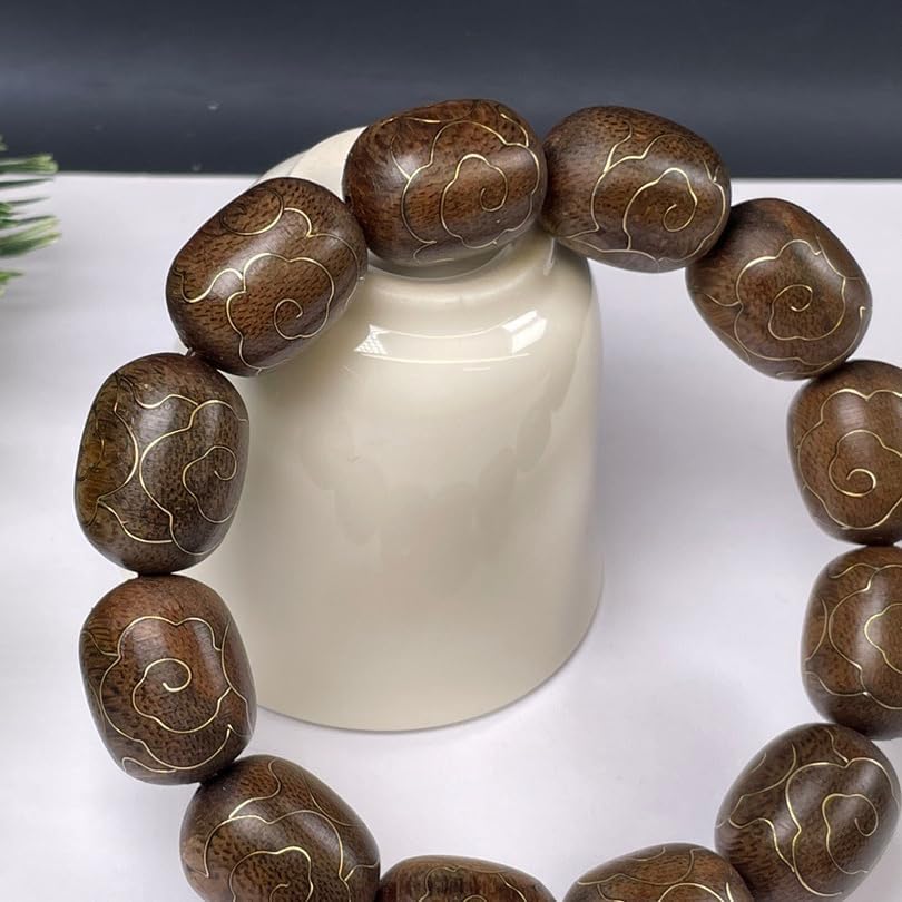 Vietnam Nha Trang White Agarwood Sinking Old Material Jujube Beads 18mm with Gold-Inlaid Auspicious Cloud Pattern