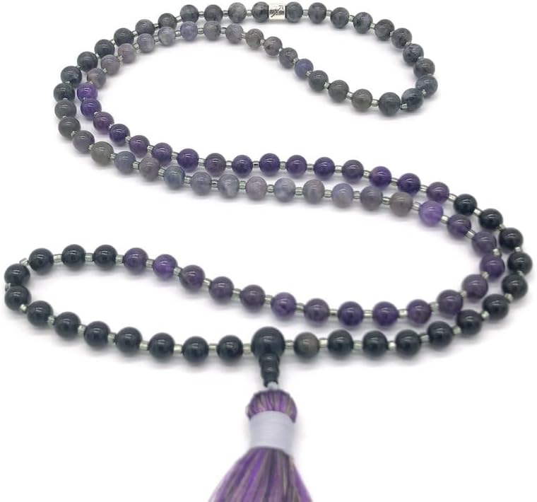 Natural AMETHYST ,IOLITE,LARVIKITE LABRADORITE,OBSIDIAN 8mm 108 Mala Beads, Spiritual, Meditation Beads, Reiki, Japa Mala, Buddhist Prayer Beads, Yoga Bracelet, healing beads LKMALA-RRGU-2651