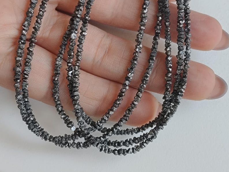 3-4mm Black Rough Diamonds, Black Raw Diamond Beads, Black Uncut Diamonds, Raw Black Diamond Beads For Jewelry (4IN To 16IN Options), 3 MM - 4 MM