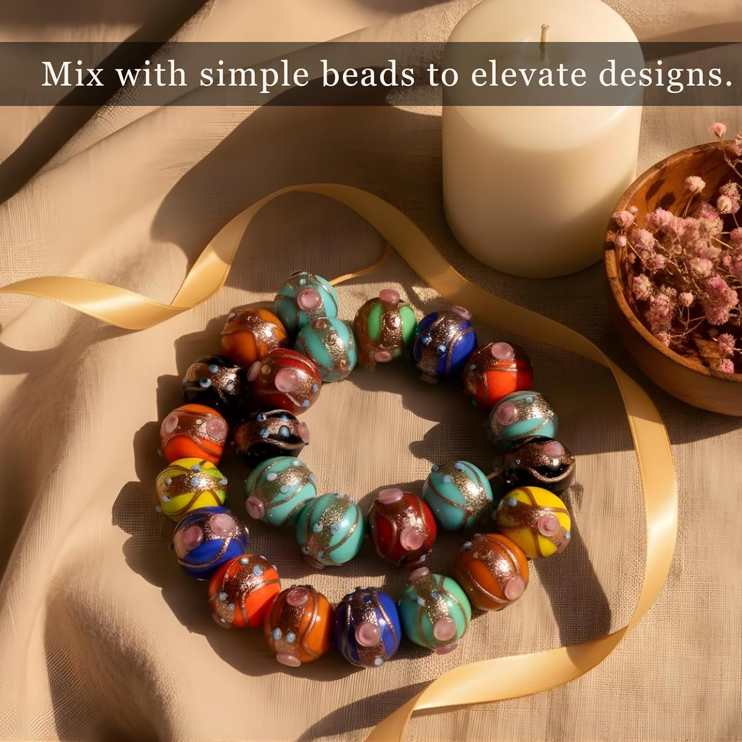Handcrafted Multicolor Lampwork Glass Beads | Round Beads with Floral & Glitter Designs | Available in 50 Strands | Artistic Assorted for Jewelry Making, DIY Crafts.