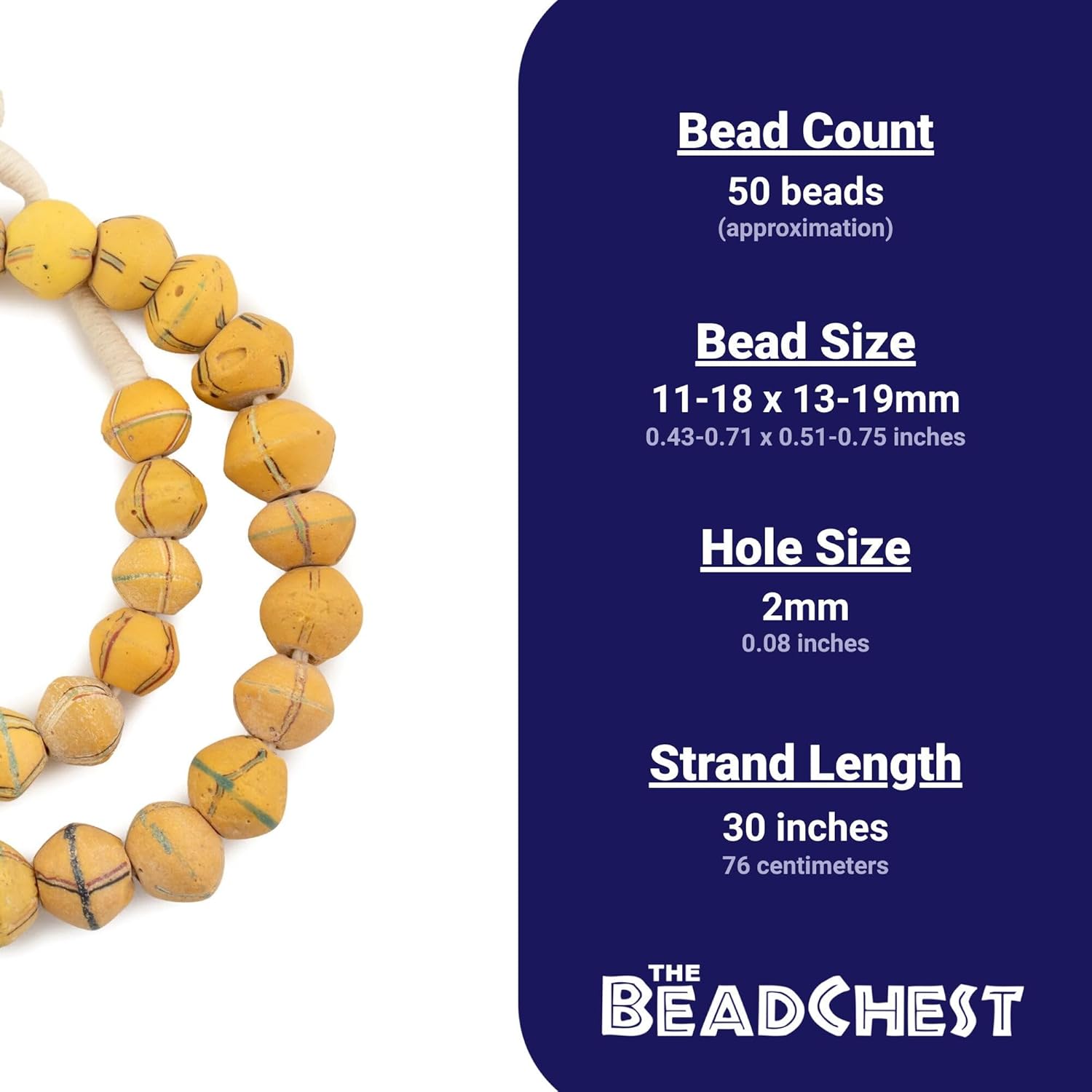 The Bead Chest Striped Yellow Antique Venetian King Beads: Authentic African Trade Bicone Glass Beads Full Strand