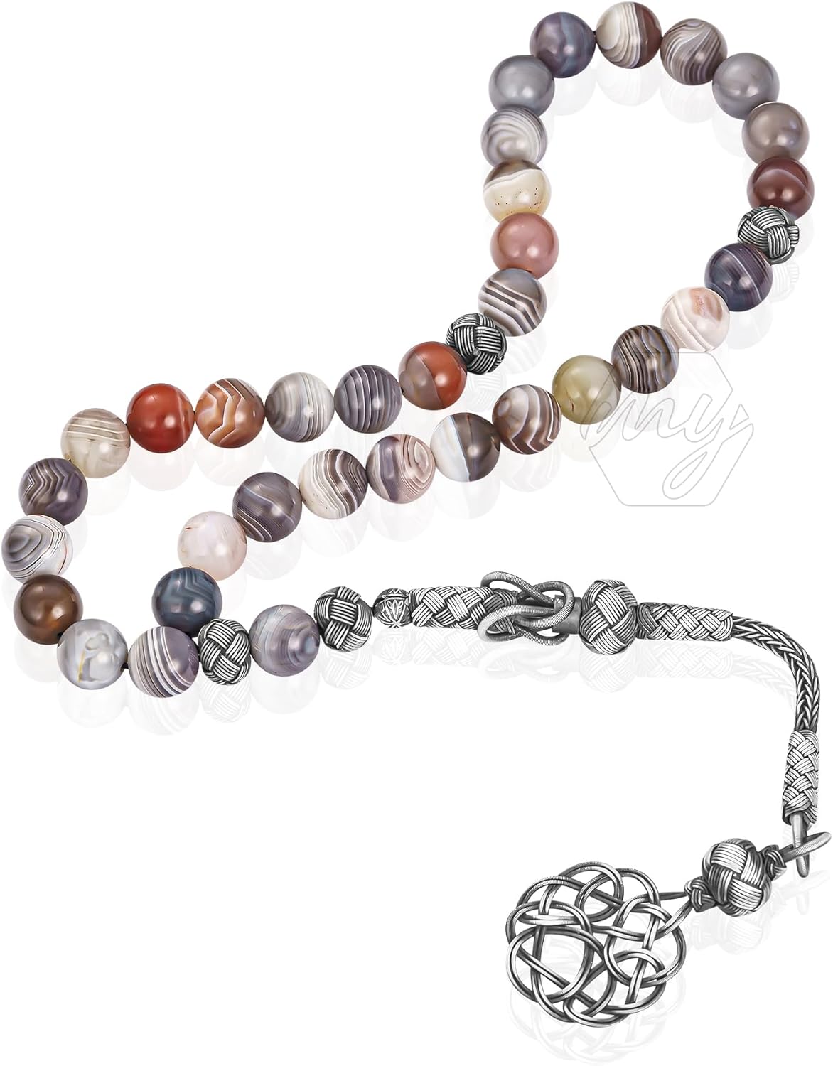 1000 Ct Silver Turkish Kazaz Botswana Agate Islamic 33 Prayer Beads Tasbeeh Misbaha