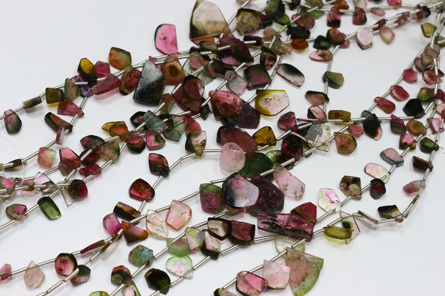 Natural Multi Tourmaline Rough Slice Beads, Pink Green Crystal Gemstones, 5-10mm, Silver Coil Spacers, 8 Inch Strand