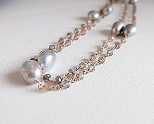 labradorite and gray pearl rosary style necklace, long rose gold filledfilled filled wire wrapped pearl and labradorite long necklace,gray baroque pearls 3/4mm