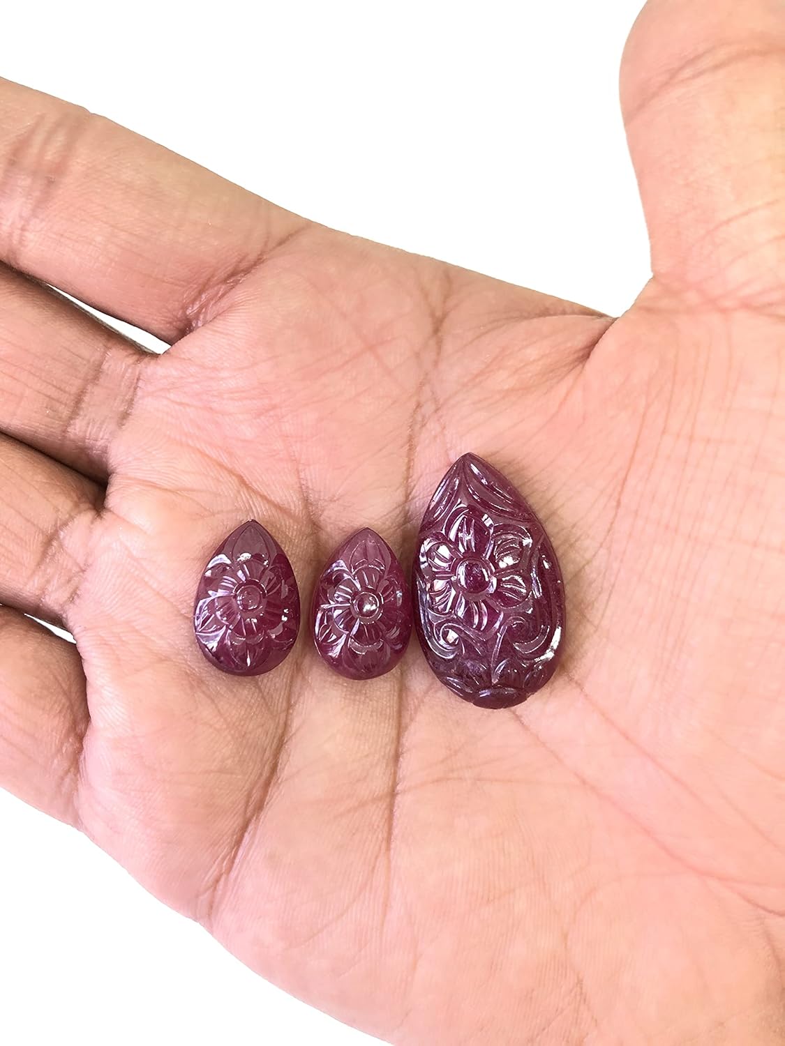 96.38 Ct Ruby Hand Carved Pear Shape Layout Wholesale 3 Pieces Lot Loose Gemstone Carved Flower Design Layout For Making Jewelry Designs