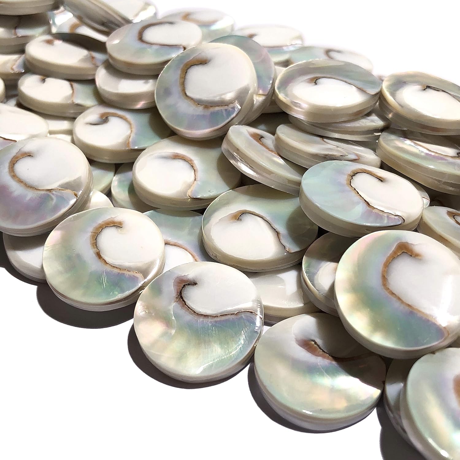 ABCGEMS Metallic-Silver Mermaid-Nautilus Beads with Iridescent Flash (Each Piece Produces Only One Bead from Its Center) Thick Nacre - Core Spiral Cut - Gigantic 30mm Coin (Full Strand - 14 Beads)