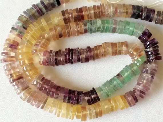 BEADS GEMSTONE 1 Strand Natural Fluorite Heishi, Fluorite Spacer Beads, Fine Quality Multi Fluorite, 6.5mm, 7 Inch Code-HIGH-19188
