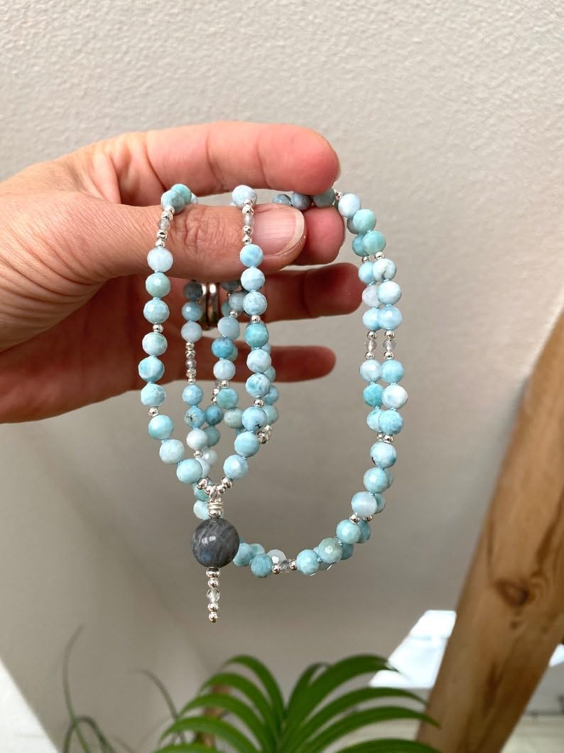 Larimar Stone Mala Beads, 108 Mala Necklace, Knotted Mala, WWG Necklace, Yoga Jewelry Meditation Beads Spiritual Jewelry Boho Jewelry