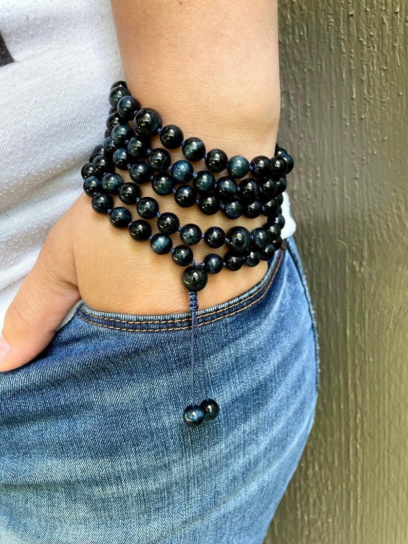 Natural BLUE TIGER Eye 8mm 108 Mala Beads, Spiritual, Meditation Beads, Reiki, Japa Mala, Buddhist Prayer Beads, Yoga Bracelet, healing beads LKMALA-RRGU-2405
