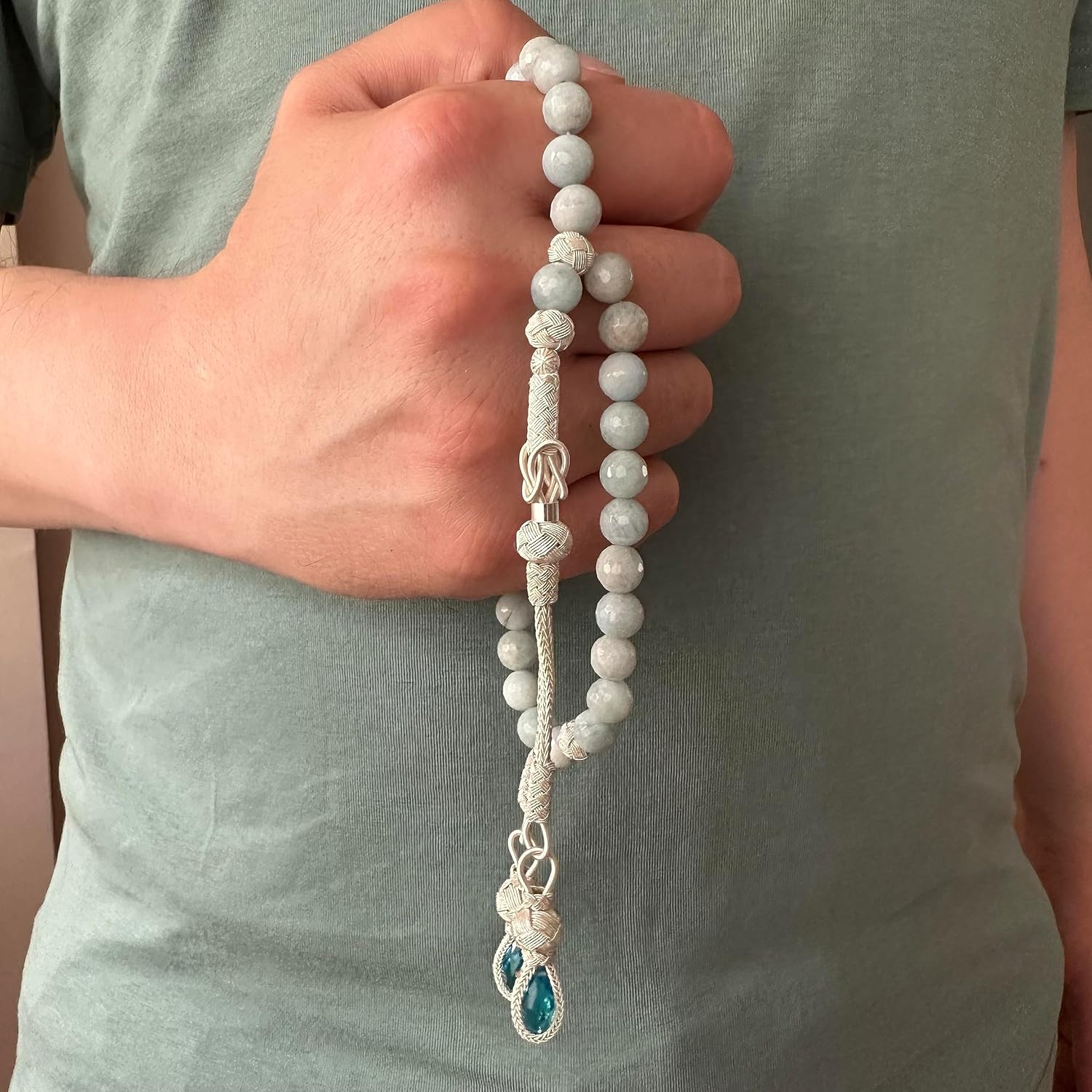 1000 Ct Silver Turkish Kazaz Aquamarine Stone Islamic 33 Prayer Beads Tasbeeh