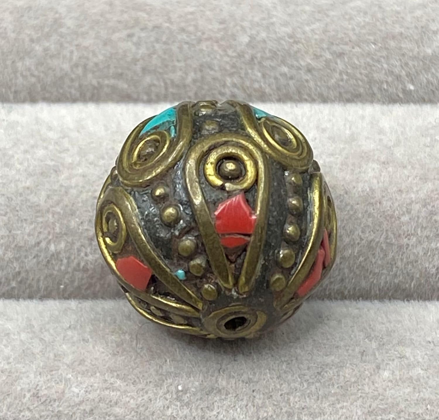 ALI OPLALS Old Antique Nepali Tibetan Handmade Brass Bead 16mm 6g | Turquoise & Coral Inlay Round Bead | Ethnic Boho Jewelry Supply |Prayer Buddha Amulets, For Pendant Bracelet Necklace Making (50)