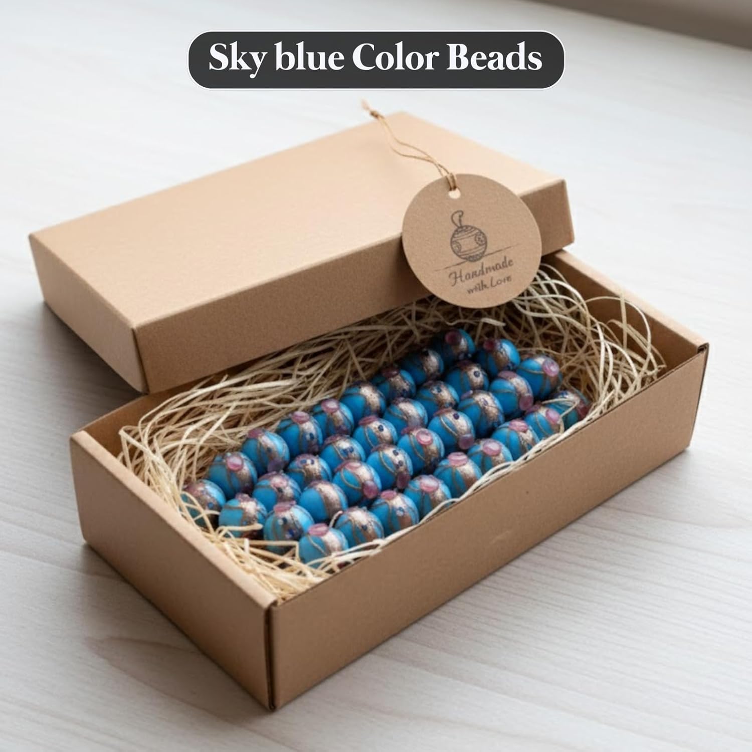 Handcrafted Blue & Golden Dual Tone Lampwork Glass Beads | 16mm Round Loose Beads with Pink & Blue Accents | Available in 10 Strands | Jewelry Making & DIY Crafts