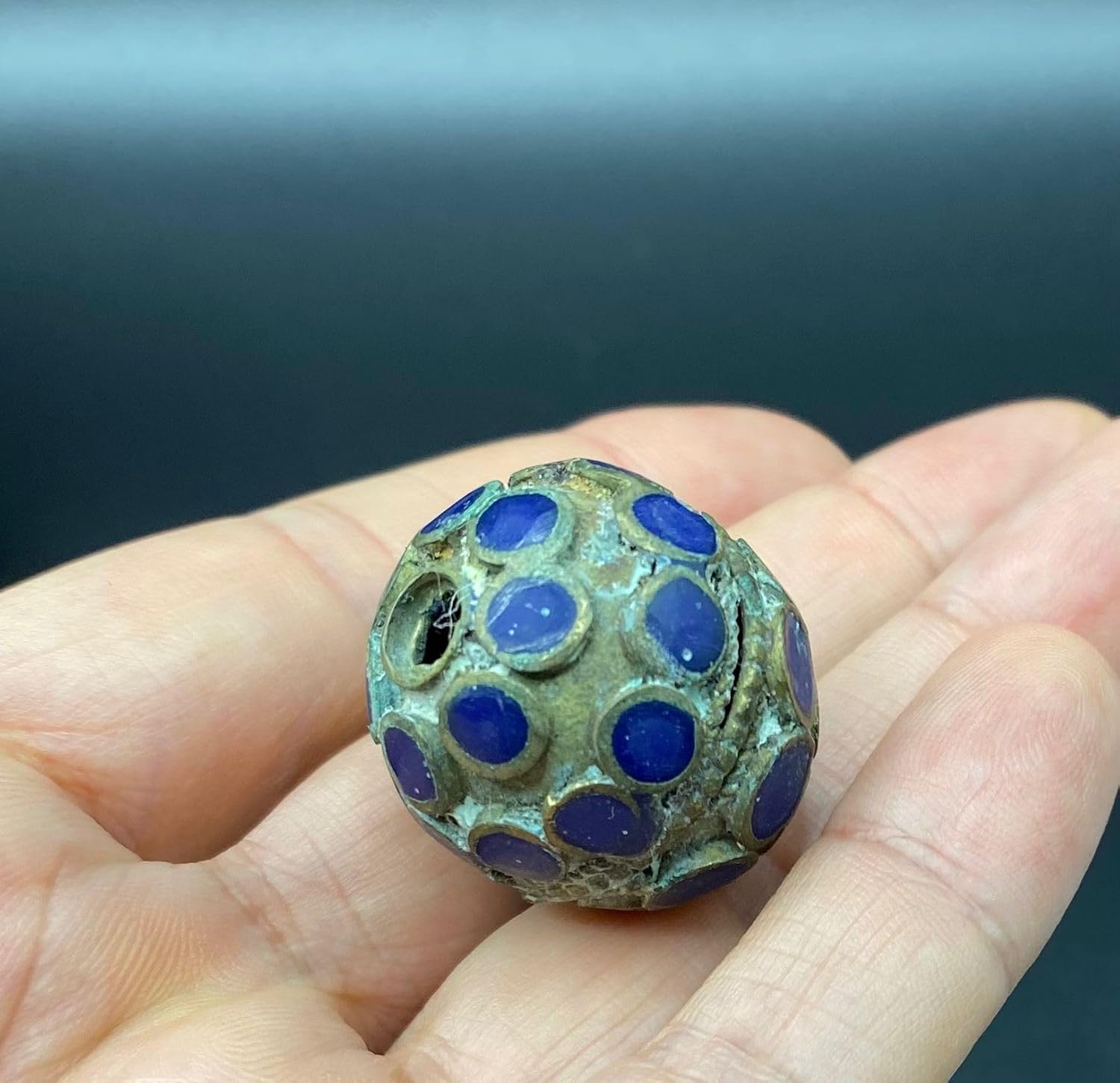 Antique Tibetan Brass Inlay Bead 25x22mm 4.5g | Vintage Lapis Lazuli Stone Handmade for Jewelry Making | Ethnic Nepal for Necklace, Bracelet, Earring Craft | Old Tribal Boho Bead (50)