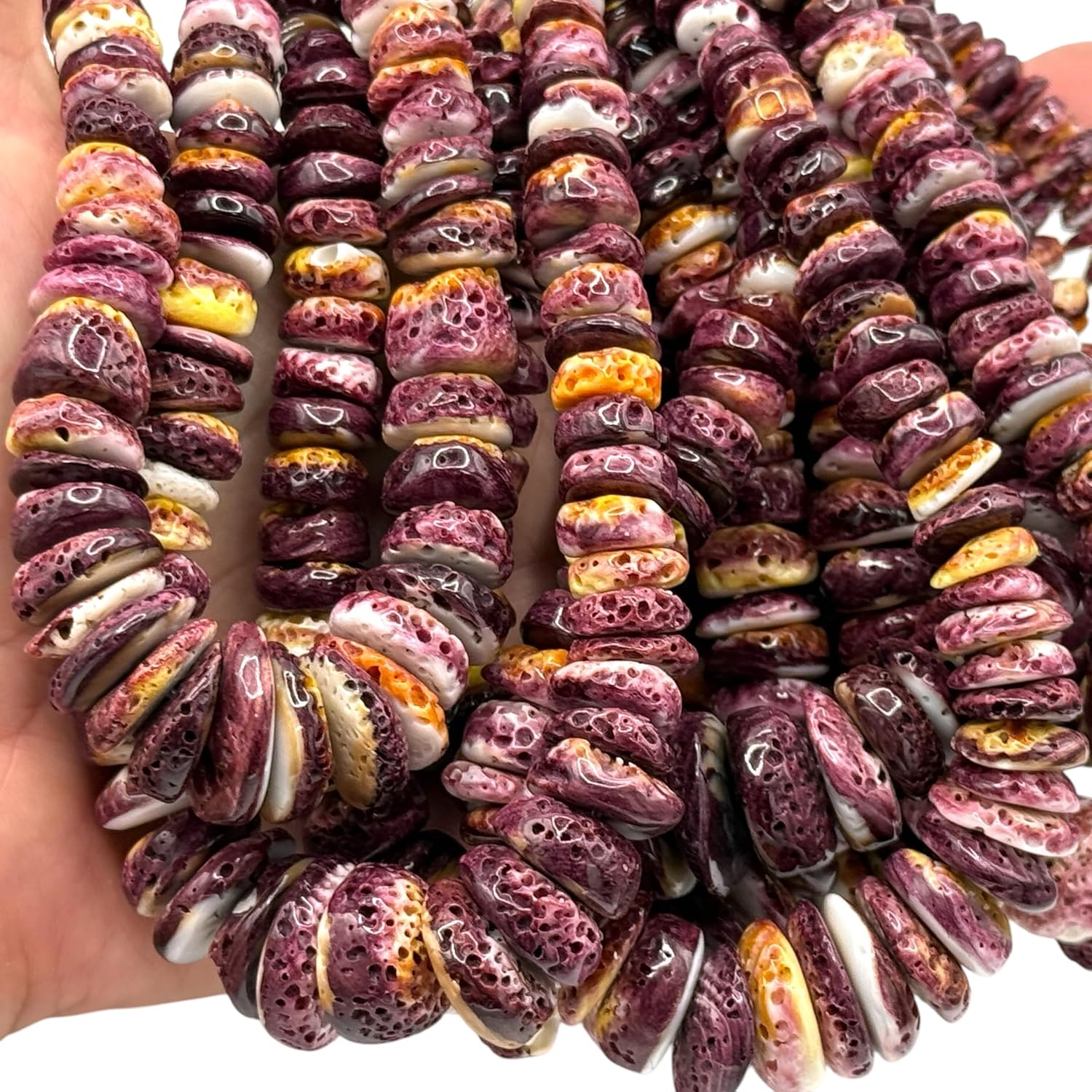 ABCGEMS Gigantic Purple Spiny Oyster Shell Beads (Ethically Sourced- Small Batch Production) Raw Texture with Yellow Highlights - Ocean Formed Pinholes Over 10+ Years - Heishi 8-20mm (Graduated)