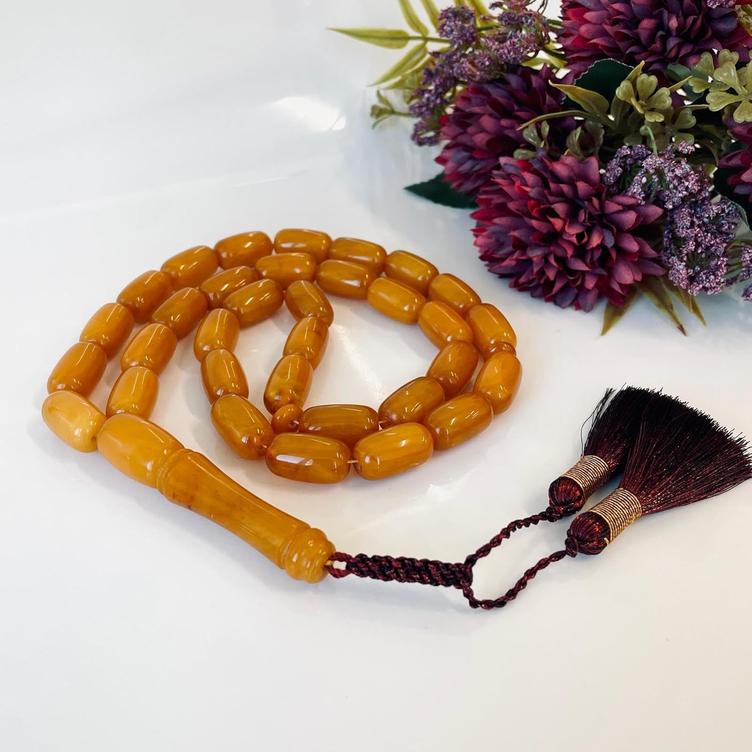 AMBERSTONE Vintage Orange Amber Islamic Prayer - Barrel Beads Rosary - Premium Handmade Tasbeeh for Dhikr - Amber Misbaha - 33 Beads / 62.6 g