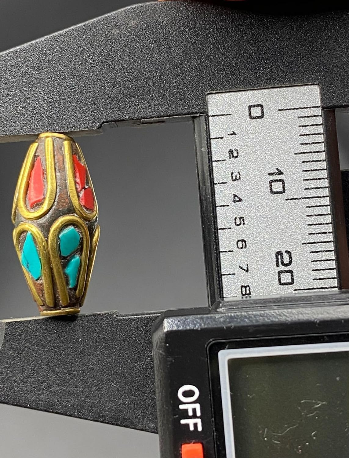 Old Antique Handcrafted 21x10mm Nepalese Tibetan Brass Bead with Turquoise & Coral Inlay – Vintage Ethnic Dzi Style Barrel Buddha Prayer Amulet Bead for Jewelry Making