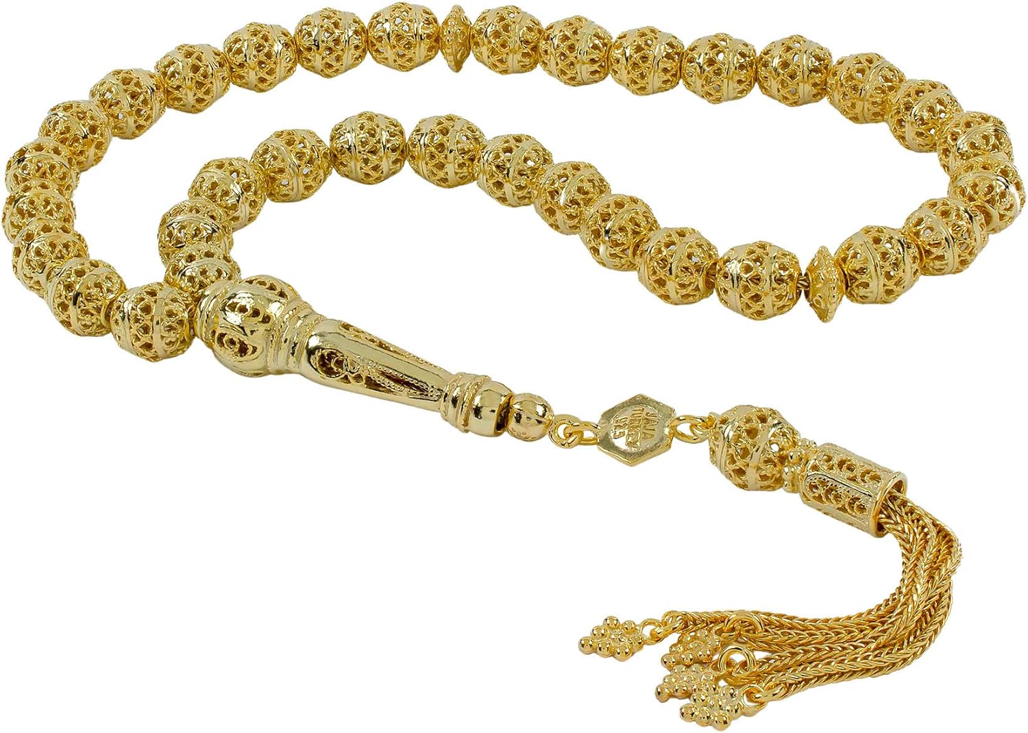 Filigranist Gold Plated 925 Sterling Silver Filigree Art Oval Beads Tasbeeh 33 Piece Silver Beads Misbaha Tasbih Prayer Bead Worry Beads Rosary Stress Chain