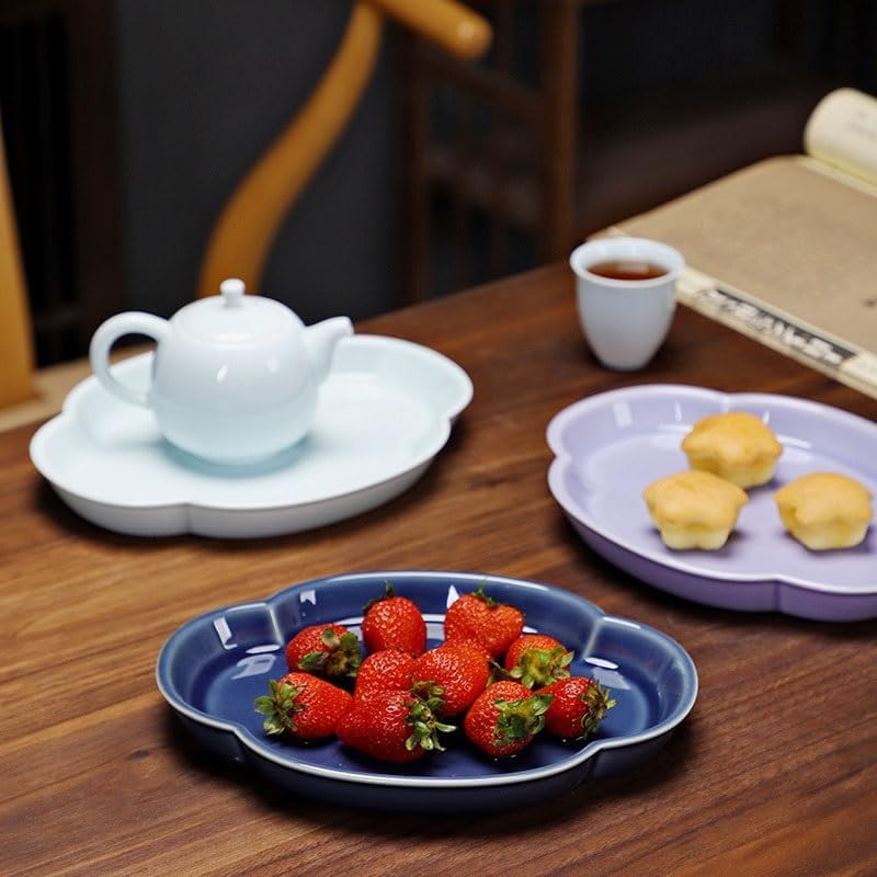 Tray Chinese Style Begonia Pot Holder Ceramic Tray Tea Tray Tea Restaurant Tea Tray Fruit Tray Nut Snack Tray Serving Trays(Cyan)