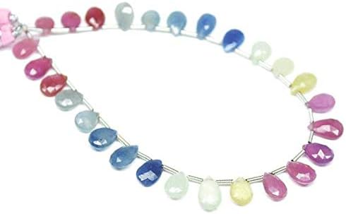Natural Multi Pink Blue Sapphire White Faceted Briolette Pear Drop Gemstone Craft Loose Beads 8 Inch Long 9mm 10mm Code-HIGH-1087