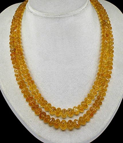 2 Line Natural Yellow Citrine Carved Round Beads Necklace 18 INCHES 13 MM to 7 MM
