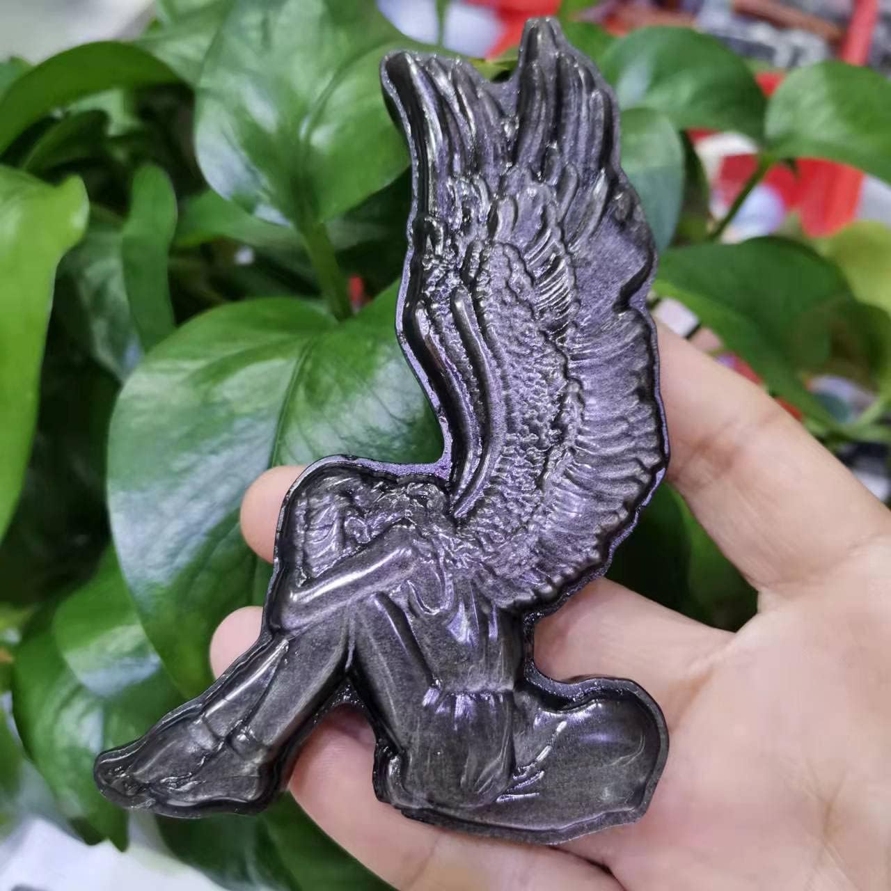 Natural Siver Obsidian Carved Wings Girl Shape Silver Obsidian Angel