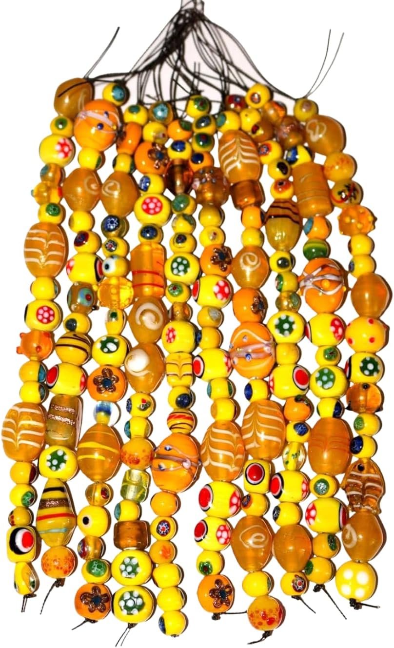 Yellow Lampwork Glass Beads | Artistic Mixed-Shape Spacer Bead Strands for Adult Jewelry Making & Professional Craft Design | 50 Strands of Handmade Glass Craft Beads.