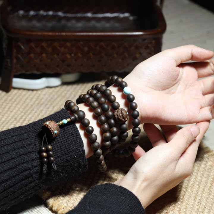 Brunei Agarwood 8mm Prayer Beads with Embedded Green Turquoise and South Red Lotus Pods, Honey-Sweet Aroma, 90% Aged