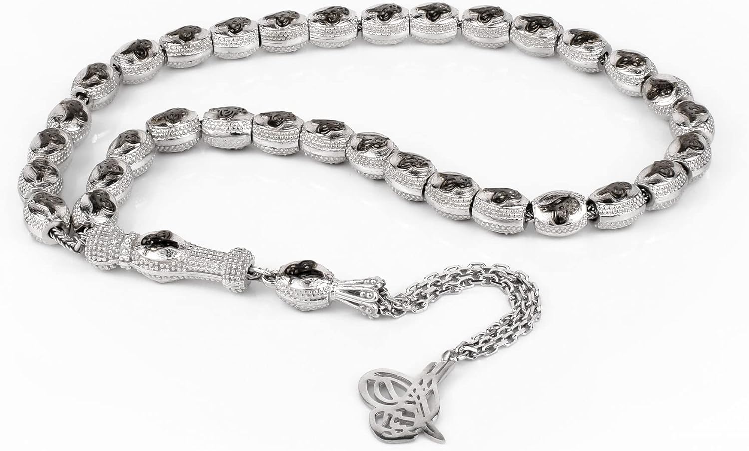 Filigranist 925 Silver Zirconia Oval Beads Tasbeeh Oxidized 33 Piece Oval Beads Misbah Tasbih Prayer Bead Worry Beads Stress Chain