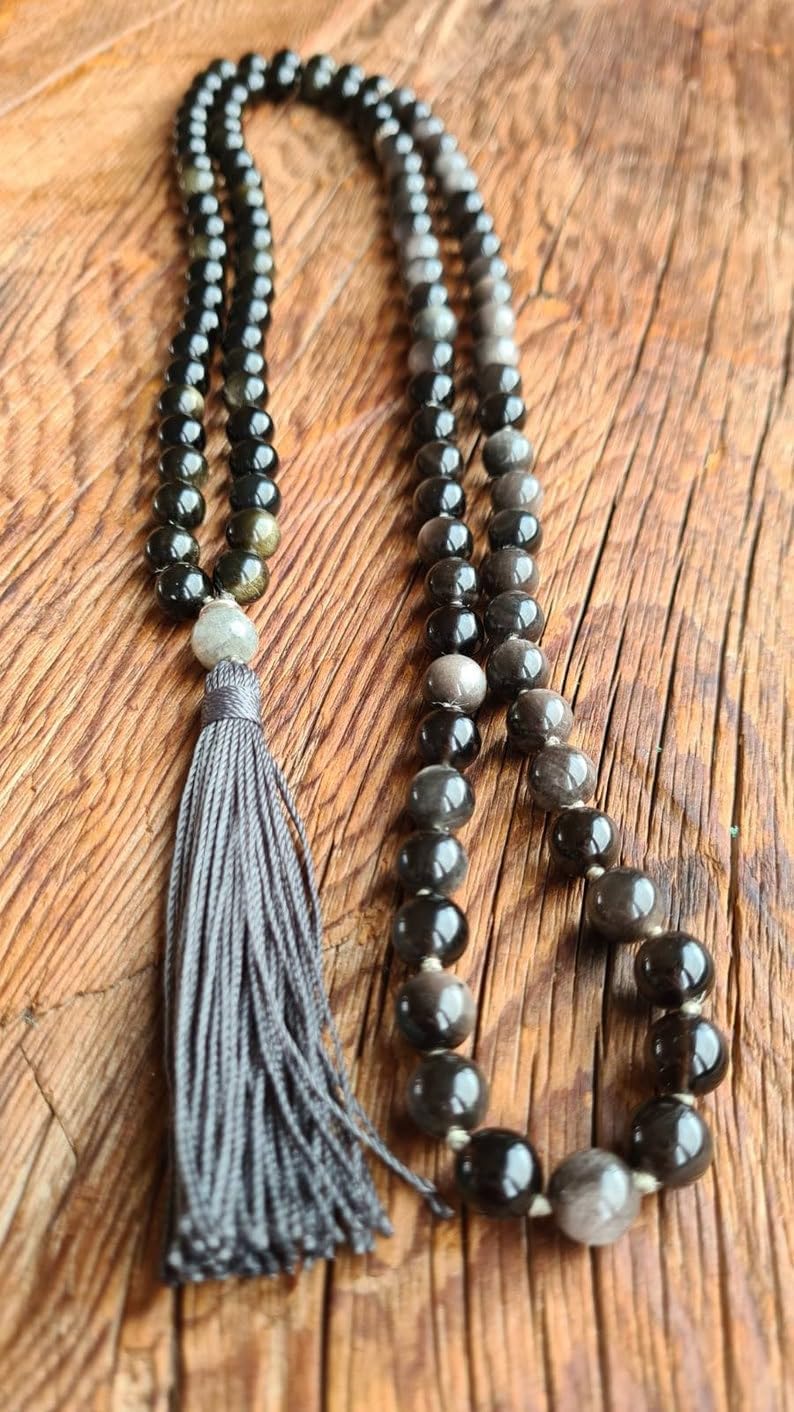 Natural Silver Golden Sheen Obsidian 8mm 108 Mala Beads, Spiritual, Meditation Beads, Reiki, Japa Mala, Buddhist Prayer Beads, Yoga Bracelet, healing beads LKMALA-RRGU-2719
